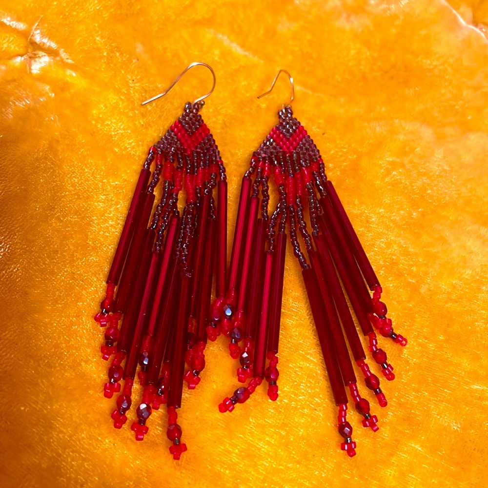 Red Seed Beaded Long Fringe Dangle Earrings Handmade